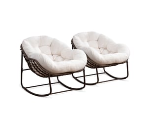 Cocon - lot de 2 fauteuils à bascule en rotin naturel – forme œuf et coussins blanc  – confortable pour salon, véranda ou chambre