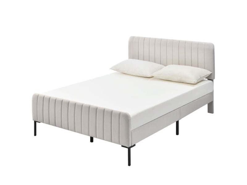  Lit double rembourré 160x200cm, avec sommier à lattes et tête de lit réglable, en lin, gris et beige, matelas inclus  - Conforama A