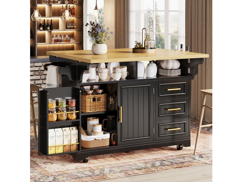  Desserte de cuisine 120x4080x95 cm, plan extensible, portes à motif vertical, 3 tiroirs, roulettes, mdf métal, noir  - Conforama B