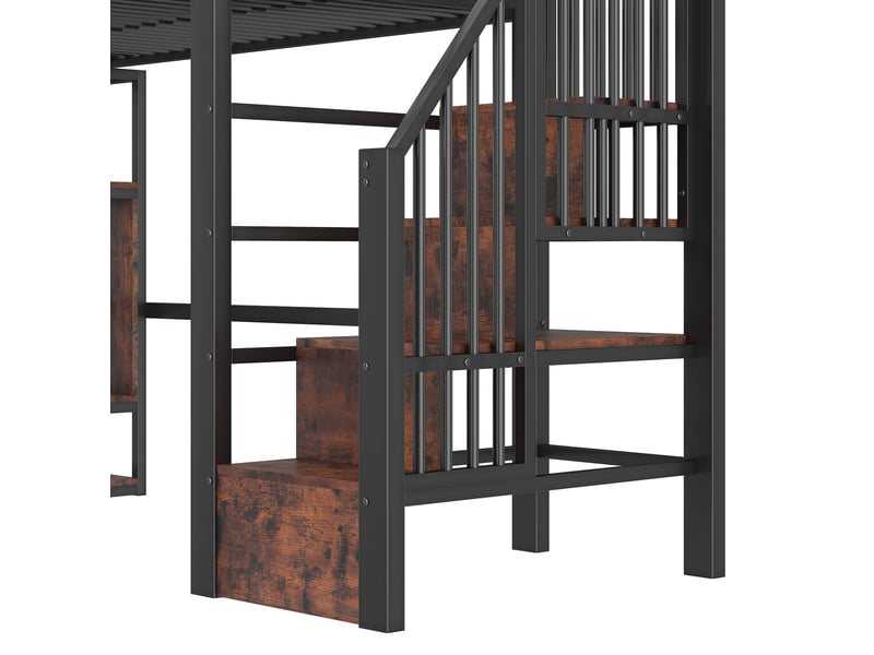  Lit mezzanine 90 x 200 cm rangement multi-niveaux marches garde-corps led multicolore cadre acier mdf noir sans matelas  - Conforama E