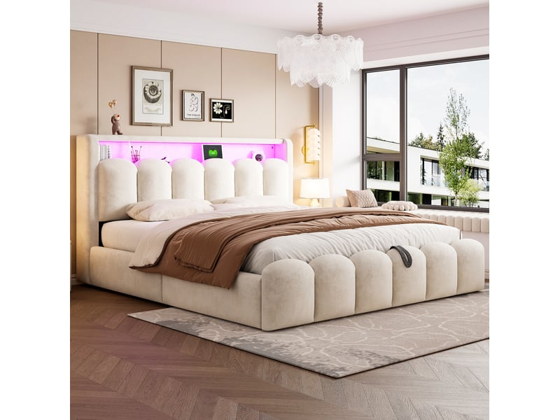  Lit coffre 180 x 200 cm beige en velours avec led, rangements et ports usbtype-c  - Conforama B