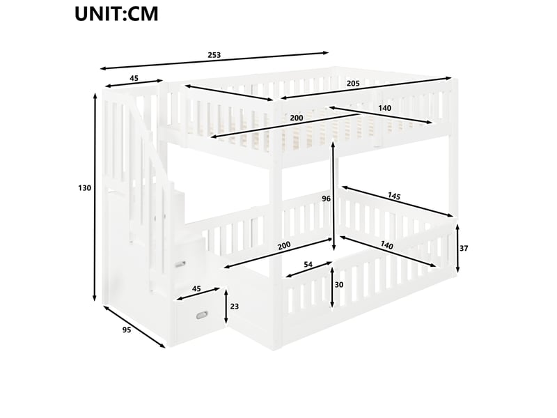 Lit superposé bas enfant 140 x 200 cm, 2 couchages, échelle 3 marches avec rangement, barrières de sécurité intégrales, sommiers à lattes, pin, blanc ABC - Conforama C