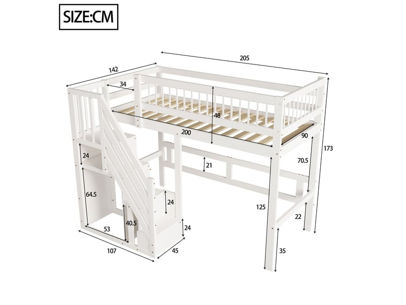  Lit mezzanine 90x200, sécurité renforcée lit enfant, escalier rangements intégrés, structure bois massif  - Conforama C