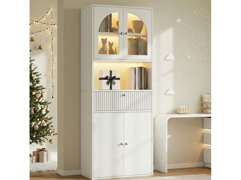  Vitrine led avec 4 portes vitrées et fermées, tiroir et niche ouverte, éclairage rgb, pour salon, blanc, 70 × 35 × 180 cm  - Conforama A