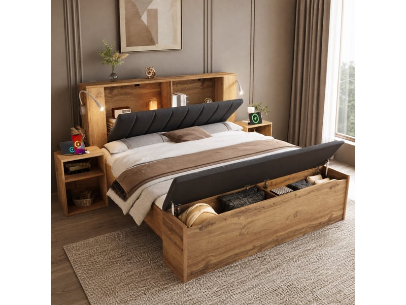  Lit double 160 x 200 cm coloris chêne avec chevets, banc de lit et lampes usb  - Conforama B