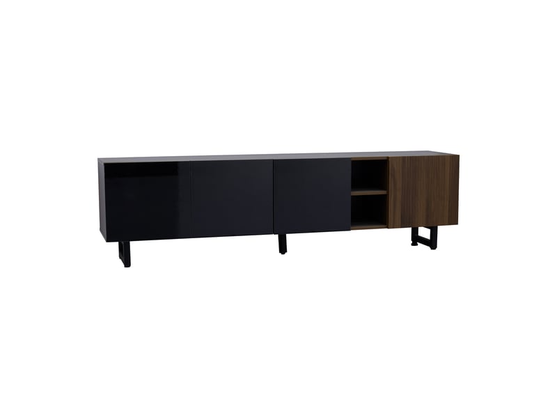  Meuble tv 180 cm – noir laqué + bois –  4 portes sans poignée - buffet bas et table tv moderne - meuble tv salon rangement naturel  - Conforama A