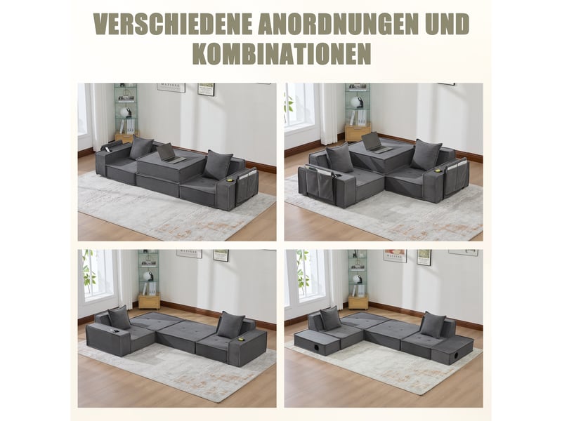 Canapé pouf 2 places 162×78×66 cm avec 2 coussins et poches de rangement - velours côtelé gris foncé - Conforama E