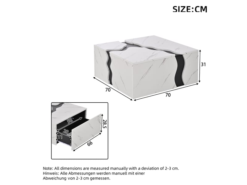 Table basse cubique avec 1 tiroir à ouverture par pression, finition aspect marbre blanc, pour salon, 70 × 70 × 31 cm - Conforama E