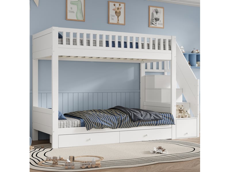 Lit superposé enfant 90x200 cm avec escalier de rangement et 2 tiroirs, blanc - Conforama B