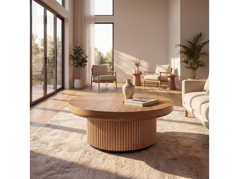  Table basse ronde 78x78x38,5 cm - avec plateau en parquet de bois véritable enchâssé et piétement tambour cannelé – mdf - naturel  - Conforama D