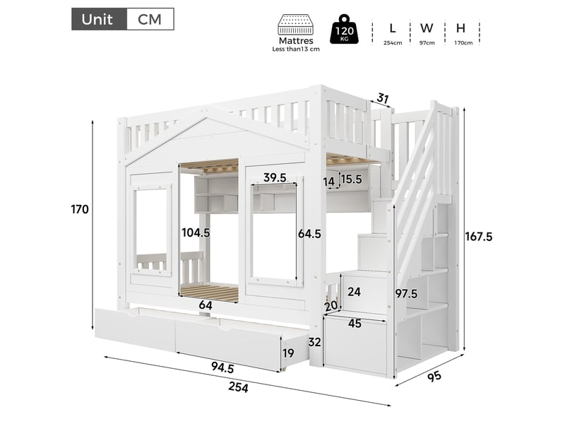  Lit superposé enfant 90 × 200 cm avec escalier de rangement, tiroirs, niches ouvertes et barrières de sécurité, blanc  - Conforama C