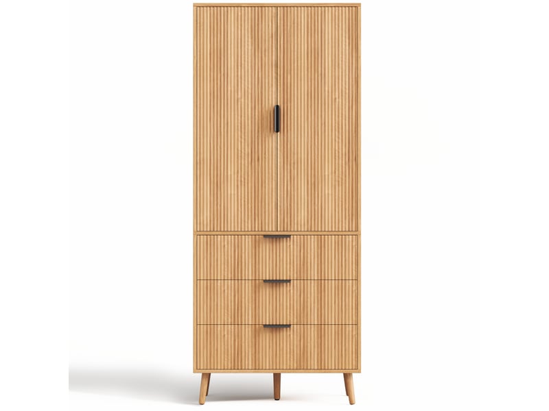 Buffet de cuisine haut avec 2 portes et 3 tiroirs, meuble rangement mdf couleur naturelle, dimensions 75x35x180 cm - Conforama A