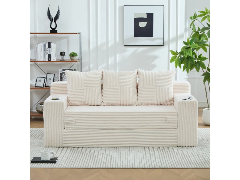  Canapé trois places avec porte-gobelets et poches latérales, design sans cadre, larges assises - beige  - Conforama D