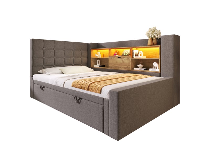  Modenvie lit gigogne 90x200 cm - led, ports usb et rangement tête de lit, sans matelas - gris  - Conforama A