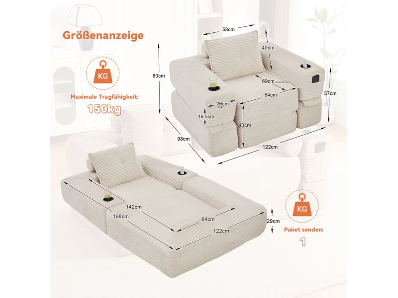 Canapé convertible 1 place avec poches latérales, porte-gobelets et accoudoirs amovibles en velours côtelé beige - Conforama C