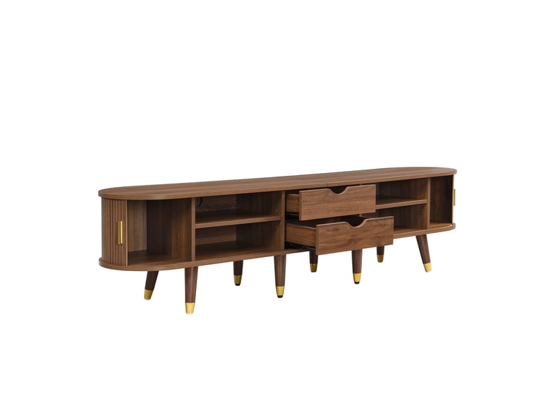  Meuble tv 175 cm style campagne, portes coulissantes en rotin, effet noyer, mdf, rangements spacieux  - Conforama D