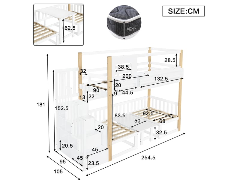  Lit superposé enfant 90 x 200 cm, bureau rabattable, escalier de rangement blanc naturel  - Conforama C