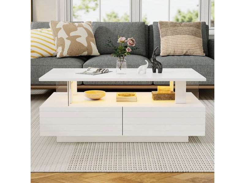  Table basse brillante - led contrôle app bluetooth &amp; 2 tiroirs - blanc - idéal soiréebureau 100x50x42cm - Conforama E