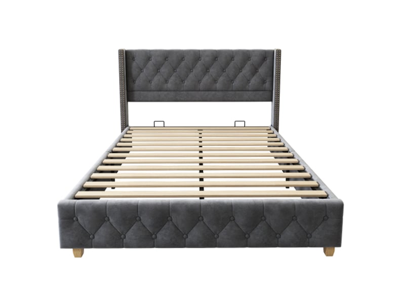  Lit adulte 160x200cm, lit double avec tête de lit et sommier, velours gris, sans matelas  - Conforama C
