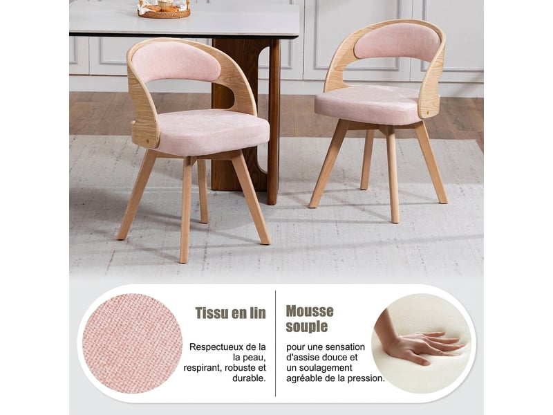 Lot de 2 chaises de salle à manger en lin rose, chaises de cuisine modernes avec assise pivotante et pieds en bois massif - Conforama R