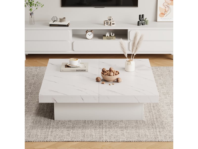  Table basse carrée 90 x 90 x 25 cm plateau coulissant effet marbre 4 tiroirs charge 30 kg panneaux particules blanc  - Conforama B