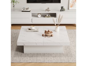 Table basse carrée 90 x 90 x 25 cm plateau coulissant effet marbre 4 tiroirs charge 30 kg panneaux particules blanc
