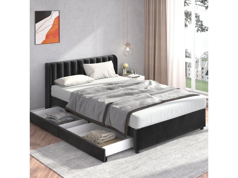  Lit double capitonné 160x200 cm avec deux tiroirs, lit double avec sommier à lattes et tête de lit, lit 2 personnes, noir  - Conforama D