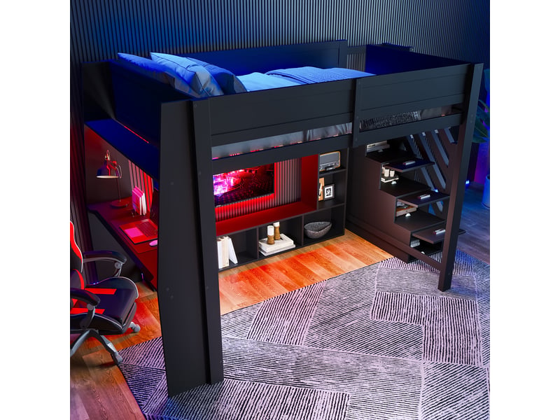  Lit mezzanine 140x200 cm noir, avec bureau, rangements, placards, escalier de rangement 3 compartiments, led, sommier inclus, sans matelas  - Conforama R