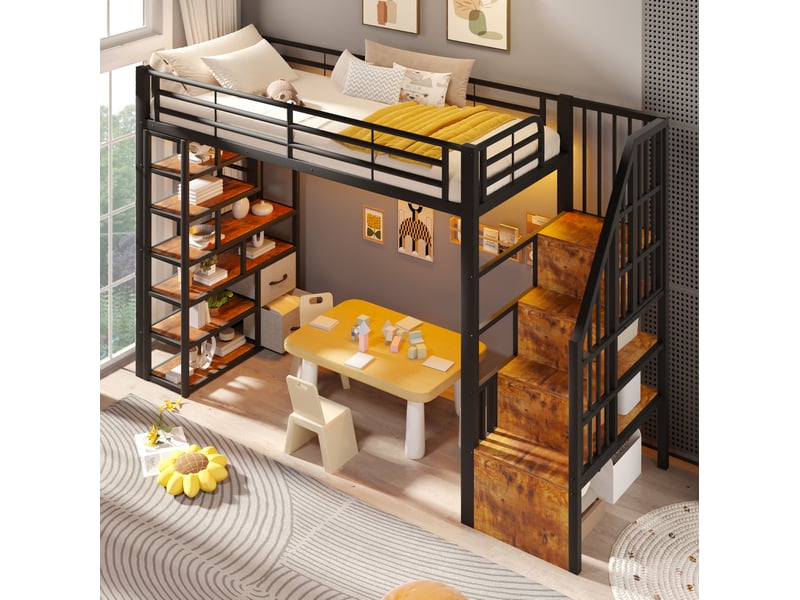 Lit mezzanine enfant 90x200 avec rangements et led evryae - Conforama D
