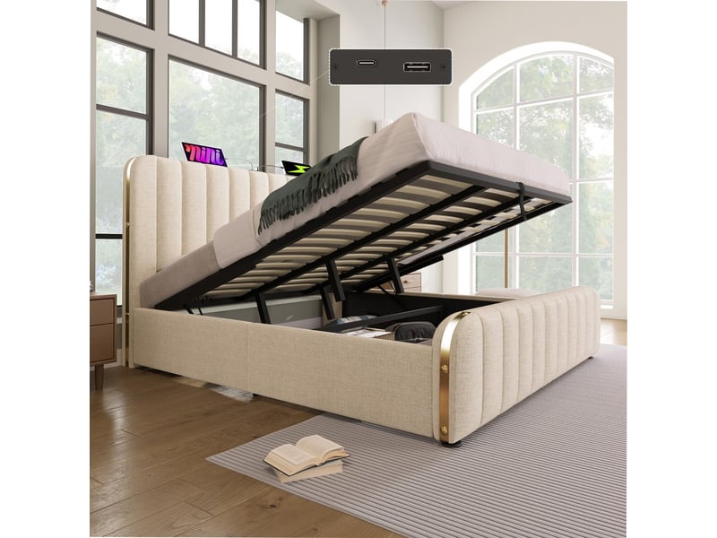  Lit coffre rembourré 180x200 cm beige lin tête dorée usb type c hydraulique avec matelas  - Conforama E