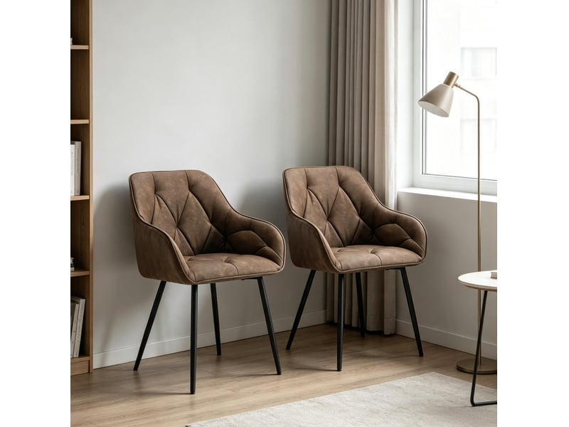  Lot de 2 chaises de salle à manger à accoudoirs en cuir régénéré marron foncé, confort vintage au quotidien  - Conforama E