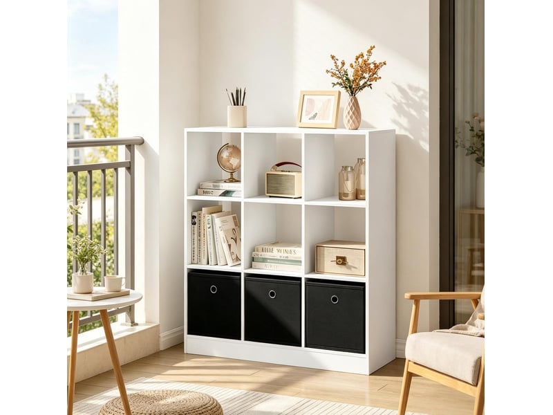  Bibliothèque 80x86,5x30 cm avec 3 tiroirs en tissu panneau de particules bicolore noir et blanc  - Conforama D