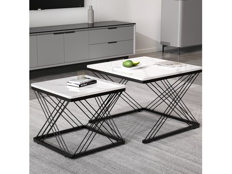  Tables basses gigognes carrées avec pieds réglables et finition marbre brillant, en mdf, blanc et noir pour salon  - Conforama B