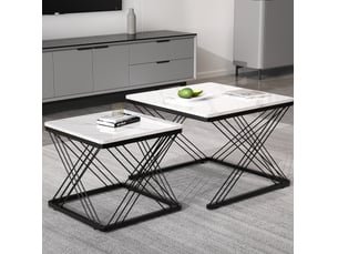 Tables basses gigognes carrées avec pieds réglables et finition marbre brillant, en mdf, blanc et noir pour salon