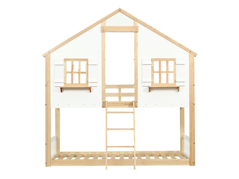  Lit superposé enfant 90x200 cm, lit cabane avec barrières de sécurité, en bois, blanc, sans matelas  - Conforama D