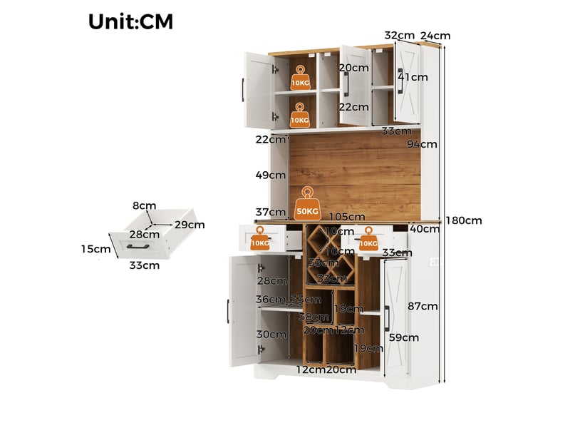  Buffet haut 105x40x180 cm naturel et blanc en mdf, led rgb, range-bouteilles et rangement cuisine  - Conforama C