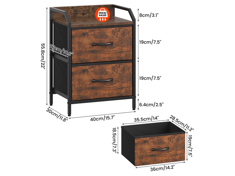  Table de chevet 40x30x55 cm deux tiroirs tissu marron rustique et metal noir  - Conforama D