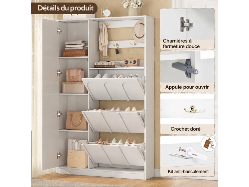 Meuble d’entrée blanc avec miroir, 3 abattants, mdf, 100 x 24 x 164 cm  - Conforama E