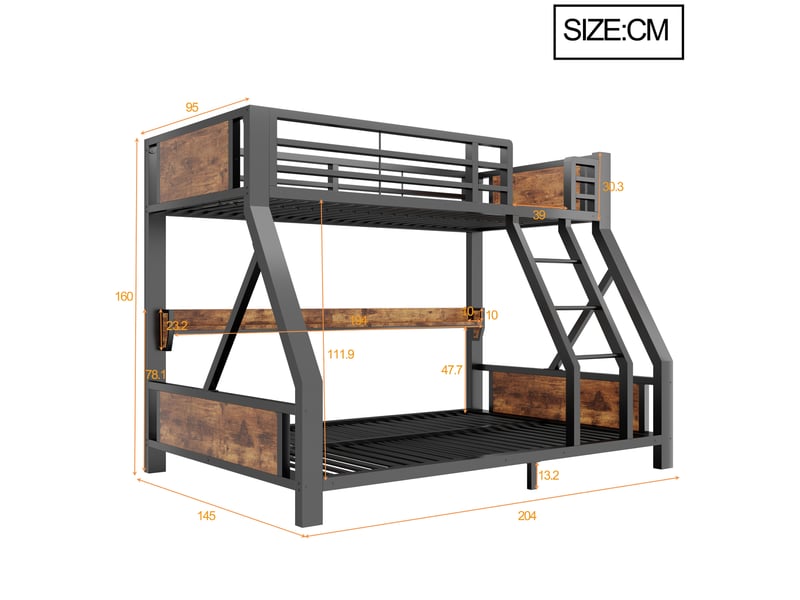  Lit superposé 90x200 cm haut +140x200 cm bas, rangement, led, métal et bois, noir, sans matelas  - Conforama C