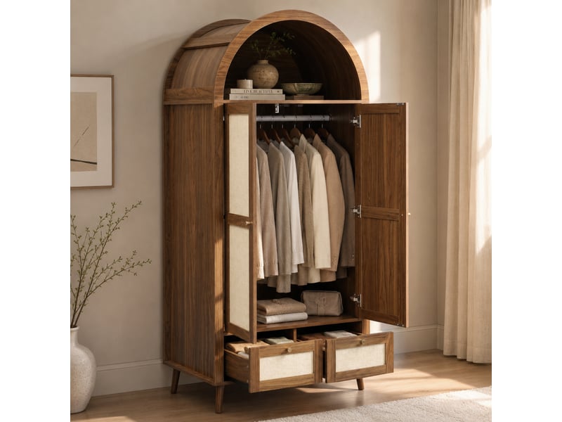  Armoire 2 portes et 2 tiroirs de 180 cm de haut, aspect noyer avec rotin beige, forme arquée, tringle à vêtements et étagère ouverte, noyer et beige  - Conforama D