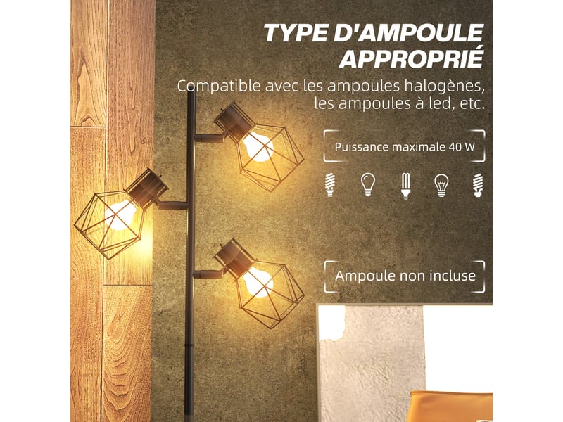  Lampadaire sur pied salon lampe sur pied 3 lumières adaptée aux ampoules e27 (non incluses) 41 x 28 x 169 cm noir  - Conforama R