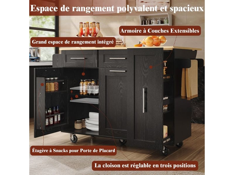  Îlot de cuisine - noir - mdf &amp; métal - plateau pliable - rangement extensible - roulettes fixables  - Conforama E
