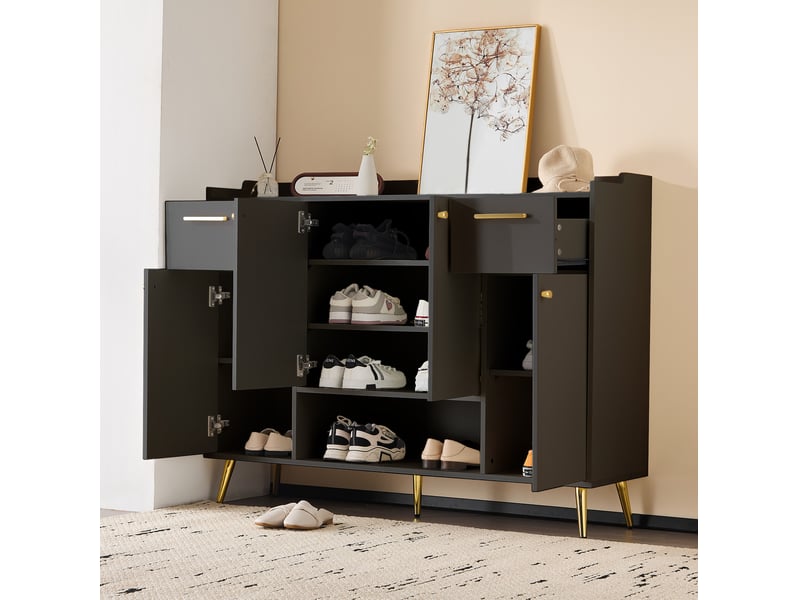  Meuble à chaussures 130x37x100 cm avec 2 tiroirs et 4 portes, noir  - Conforama C