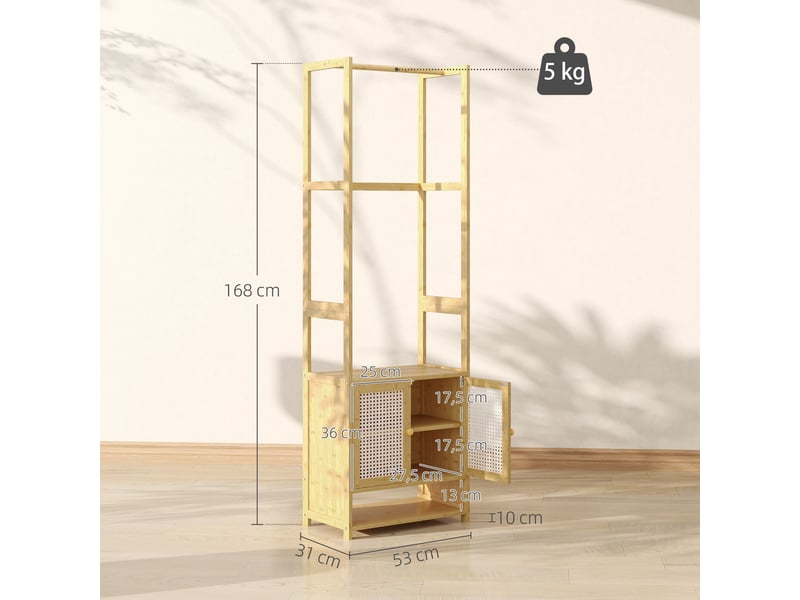  Porte-manteau en bambou avec meuble à chaussures, tringle et étagère réglable pour entrée, 53 x 31 x 168 cm, naturel  - Conforama E