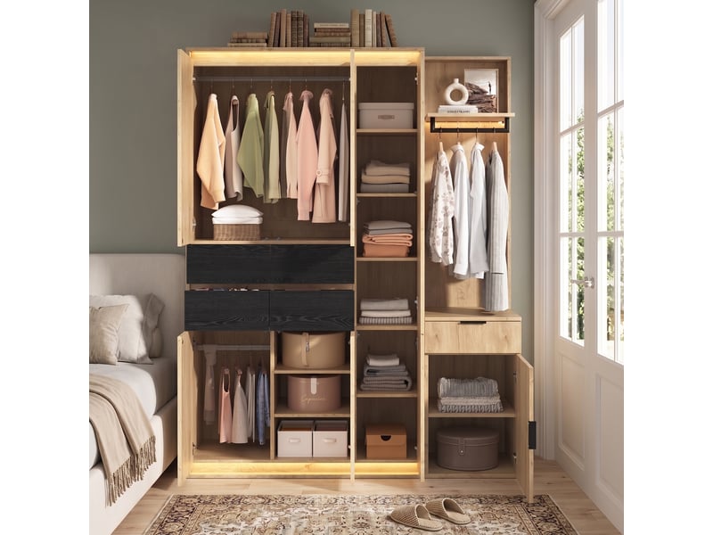  Ensemble vestiaire d’entrée 155 x 47 x 200 cm, miroir, éclairage led, 3 tringles à vêtements, 5 tiroirs, anthracitechêne Bliss Lite - Conforama E
