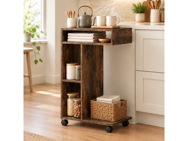  Console en c avec 3 niches, 4 roulettes et 2 freins, pour salon et chambre, 40×30×69 cm, bois rustique  - Conforama C