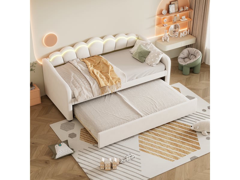  Lit gigogne 90x200 cm - lit simple avec lit tiroir et bande led intégrée - sans matelas - finition en velours résistant - beige  - Conforama B