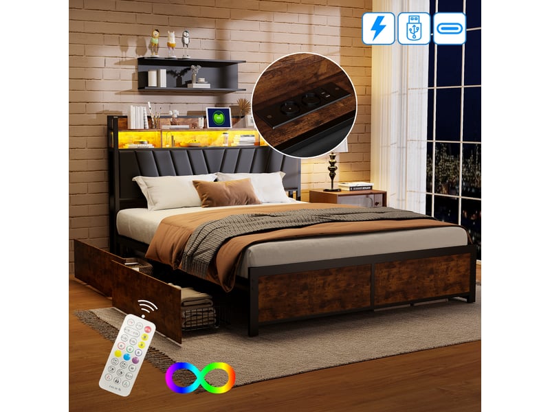  Lit double - 160x200cm-noir - cadre de lit industriel en métal et bois avec 4 tiroirs, led, prises et tête de lit  - Conforama D