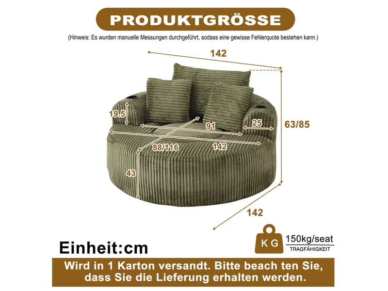 Fauteuil lounge rond 1 place en velours côtelé vert avec 3 coussins, porte-gobelets et rangements latéraux - Conforama C