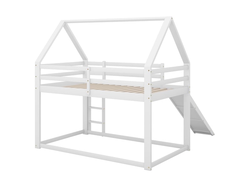  Lit enfant maison blanc 90 × 200 cm, lit superposé avec toboggan et échelle  - Conforama E